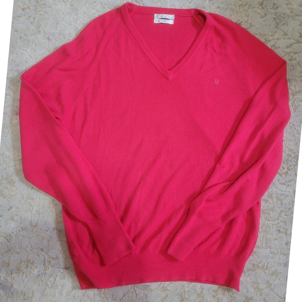 Christian Dior Vintage Pink V-Neck Sweater Mens XL Orlon Acrylic Made in USA